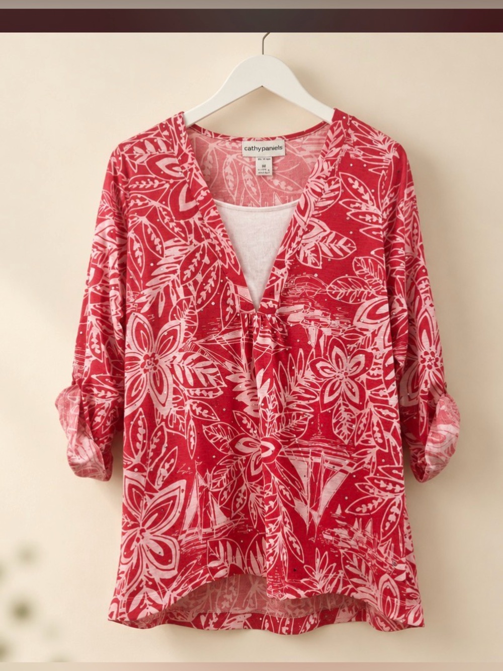 Cathy Daniels Pink-Red Floral V-Neck Roll-Sleeve Tunic
